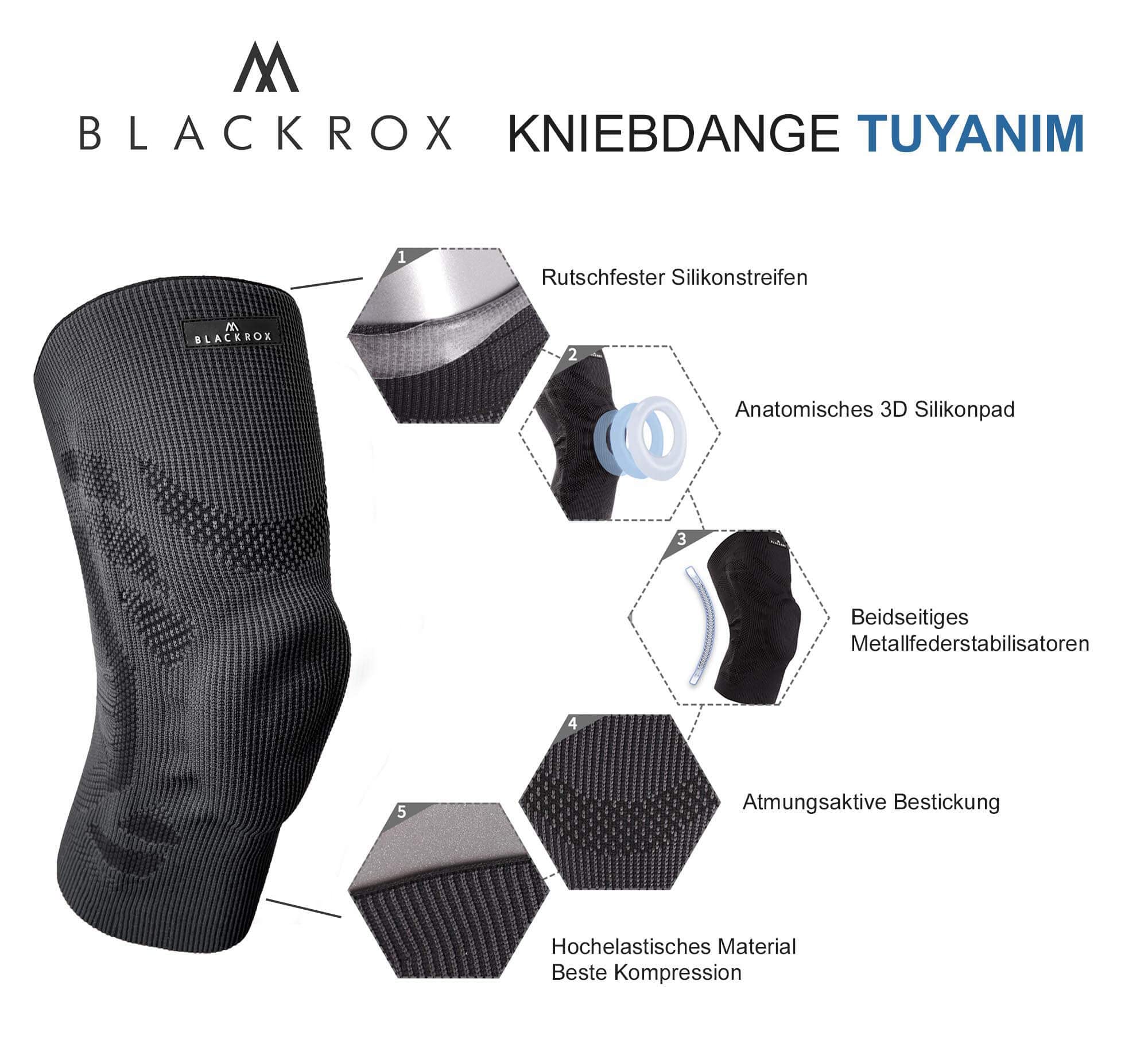 BLACKROX TUYANIM Genouillère Sport Force Femme Homme Anneau en Silicone Léger Rembourrage Gel Patella Ressort Stabilisateurs Volleyball Football Course Genouillères Compression Hommes Femmes (XL)