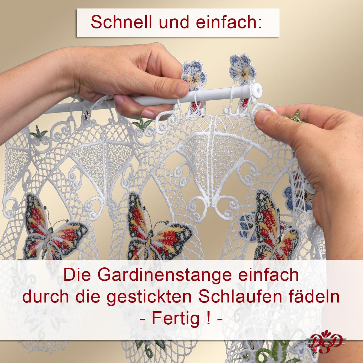 Scheibengardine Sabina Schmetterling mit Stiefmütterchen Rot-Blau Vogtländische Spitze | Landhaus-Spitzengardine mit filigraner Stickerei Fensterdeko für Frühling & Sommer Höhe x Breite 30 x 80 cm