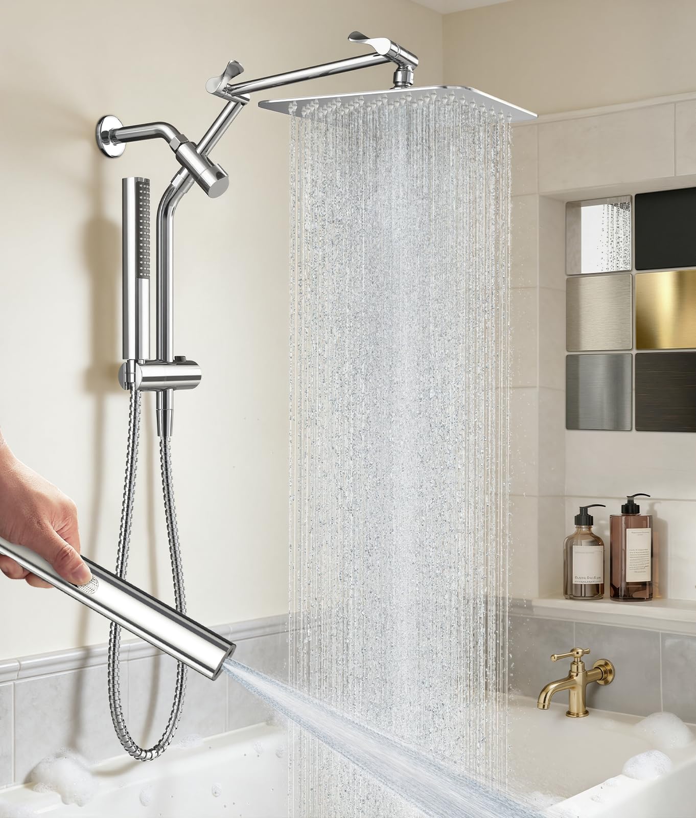 Photo 1 of Veken All Metal 10" Shower Head with Handheld, Luxurious Square Double Rain Shower Heads,Power Wash Wand,Dual High Pressure Detachable Rainfall Showerhead with Spray Combo,Extension Arm,Chrome,Sliver