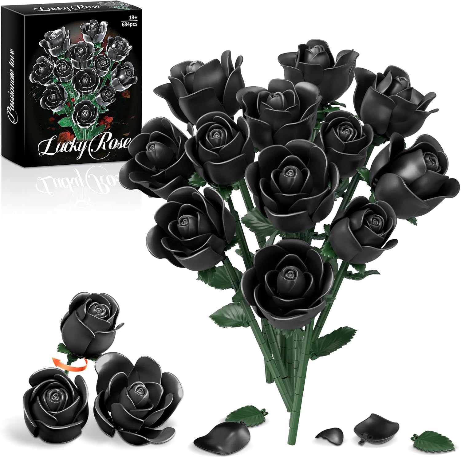 Black Rose Bouquet Building Set,12Pcs Roses Artificial Flowers Botanical Collection Building Blocks Kit,DIY Rose Building Block Bouquet for Valentine’S Day,Mother’S Day,Christmas,Home Office Decor