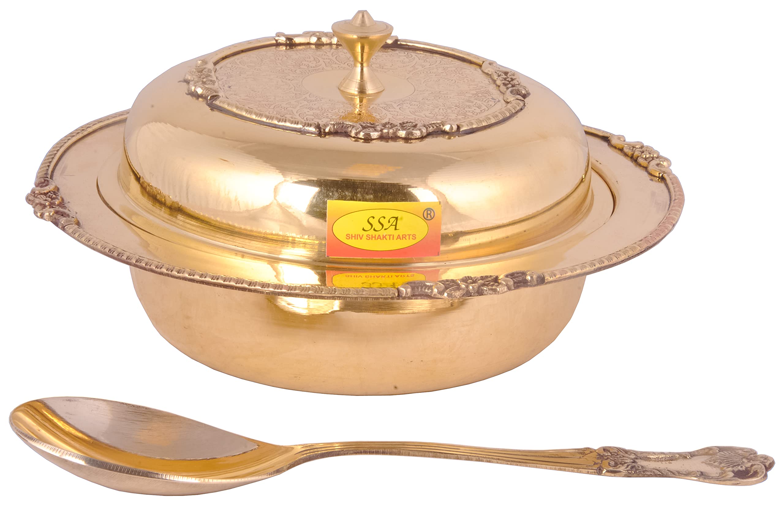 SHIV SHAKTI ARTS® Pure Brass Donga Handi for Serving | Casserole with Lid & Spoon -Heavy Gauge Eatching Engraved Design - (Big - 1.5 Liter)