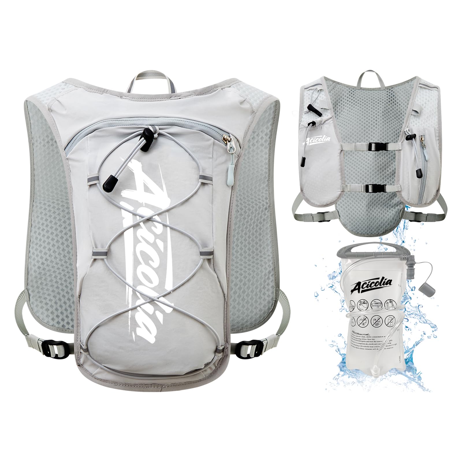Acicolia Running Vest With 1500ml Water Bladder, Lightweight Reflective Hydration Vest Backpack for Marathons Trail Running Cycling Hiking (Light Gray, One Size)