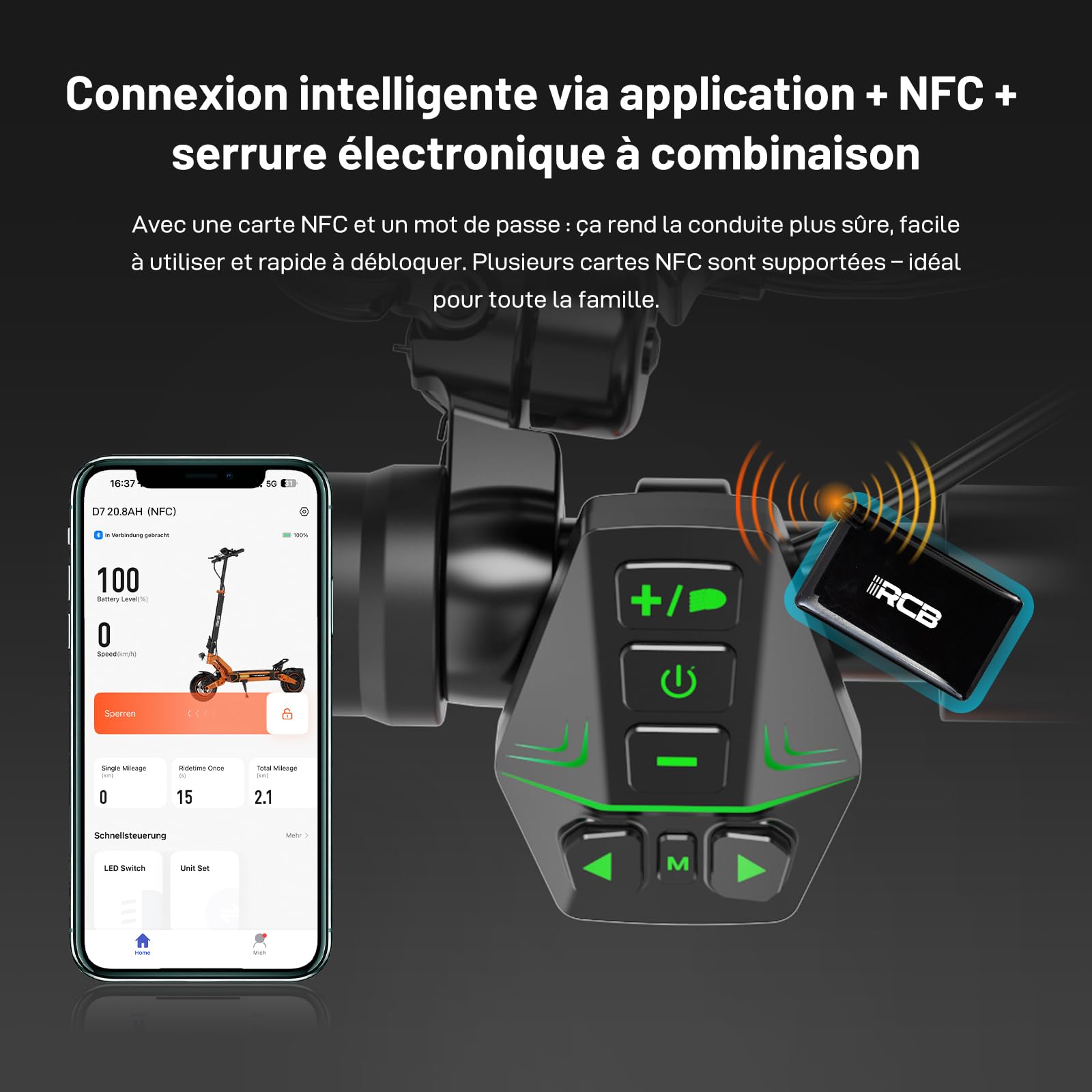 RCB D7/D7 Pro (Ultra) Trottinette Électrique Adulte,NFC/Clignotants/APP, Pente 26%, Moteur 500W Pic 1600W, Autonomie 80-130KM, Batterie 20.8-27Ah, Pneus Gel Auto-Réparants 10 Pouces