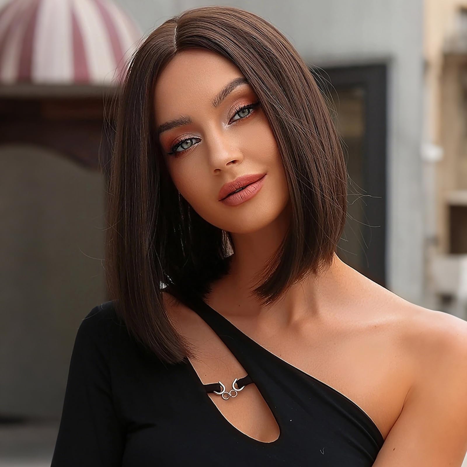 Creamily 14'' Dark Brown Lace Front Wig for Women Short Bob Wig Synthetic Shoulder Length Brown Wigs for Women Straight Middle Part Short Wigs Natural