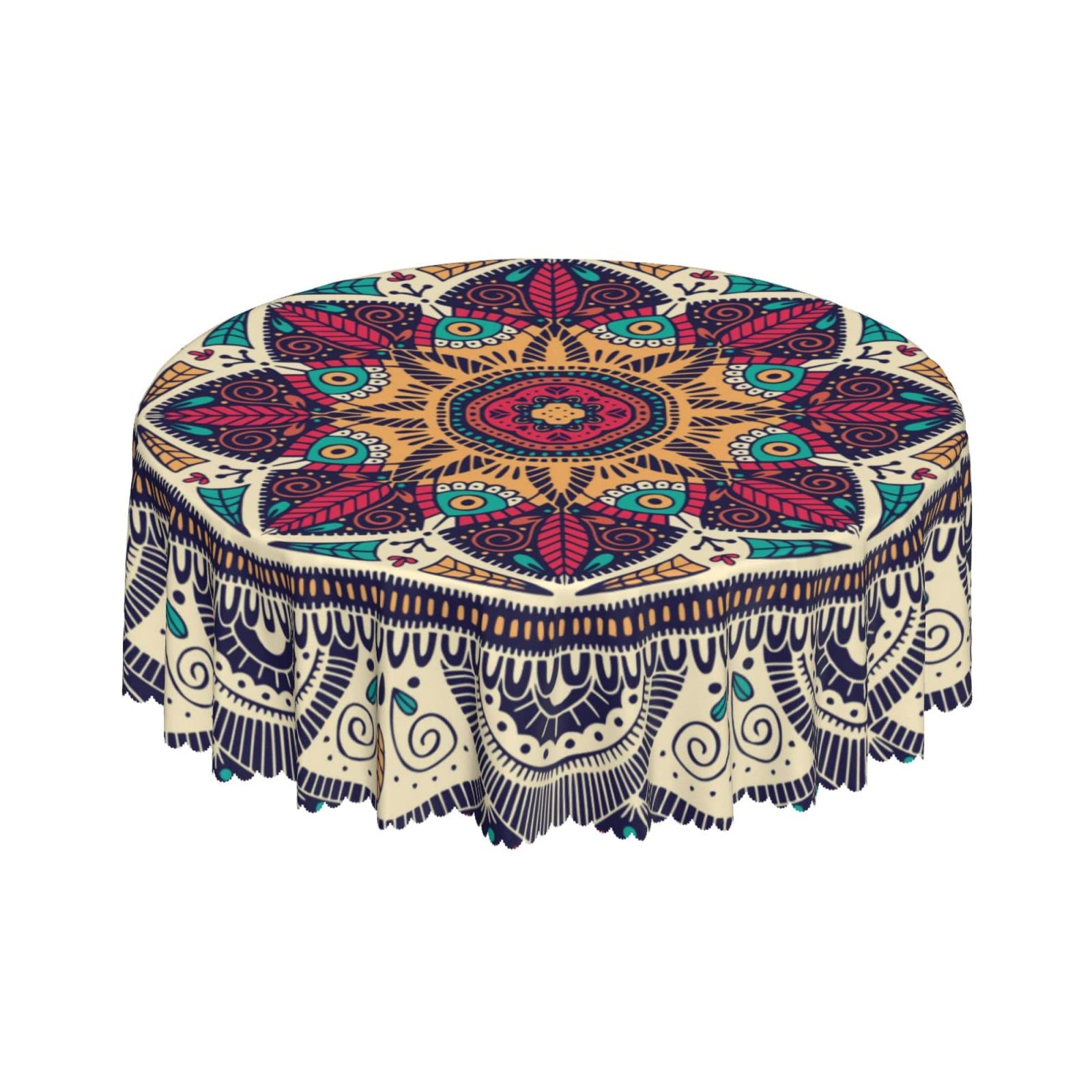 Lsjuee Colorful Mandala Floral Round Tablecloth 60 Inch Printed Washable Tablecloth for Dining Party Holiday Fall Home Decorative