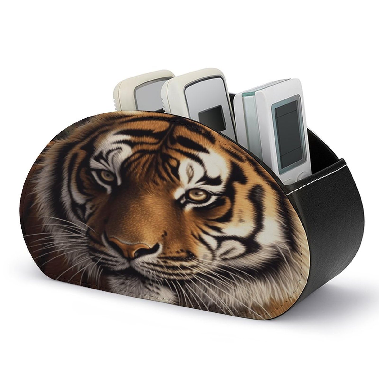 VstaDank Bengal Tiger Remote Control Holder Farmhouse TV Media Remote Storage Box with 5 Compartments PU Leather Remote Caddy Desktop Organizer for Home Bedside Table Organizer