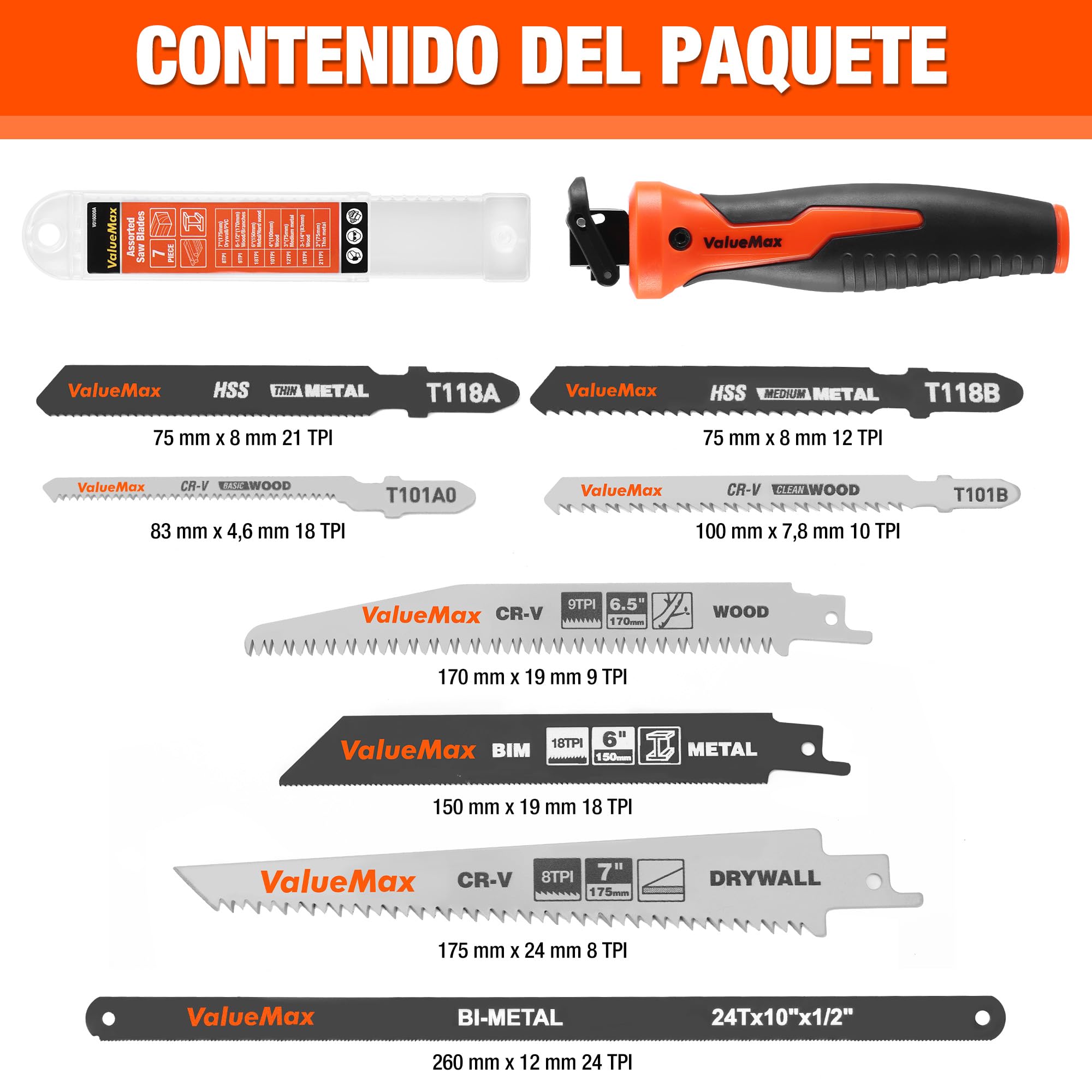 ValueMax Sierra de Mano Multifunción 8 en 1 con 8 Hojas de Sierra, Mango Ergonómico, Estructura Segura, Para Cortar Madera, Metal, Yeso, Paneles de Yeso y Más