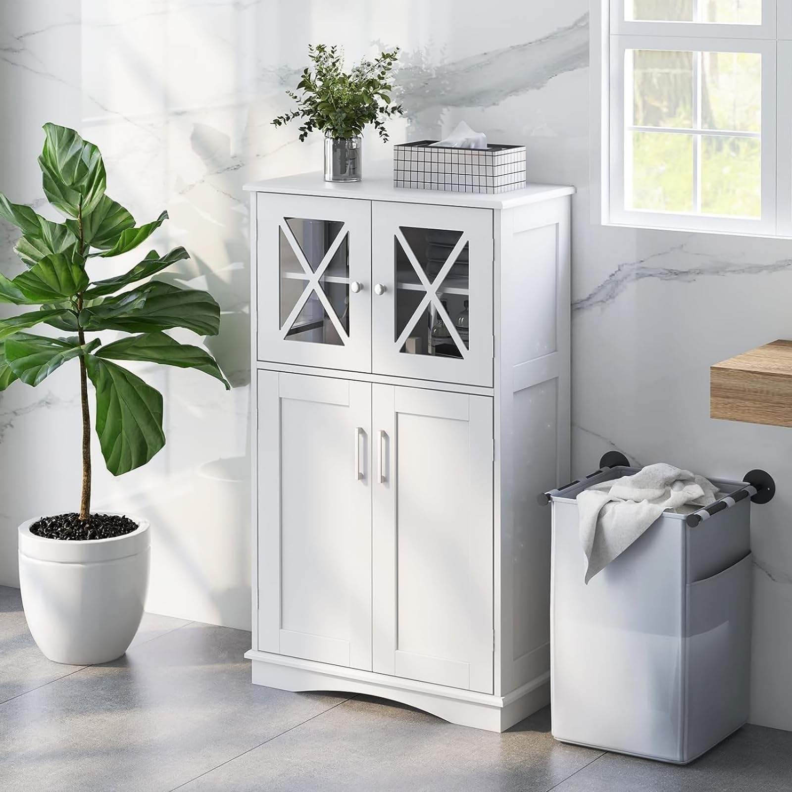 LIFEZEAL Armario de Pie con 2 Puertas y Estantes Ajustables, Armario de Suelo, Organizador de Almacenamiento para Baño, Cocina y Salón, 60 x 30 x 108 cm (Blanco)