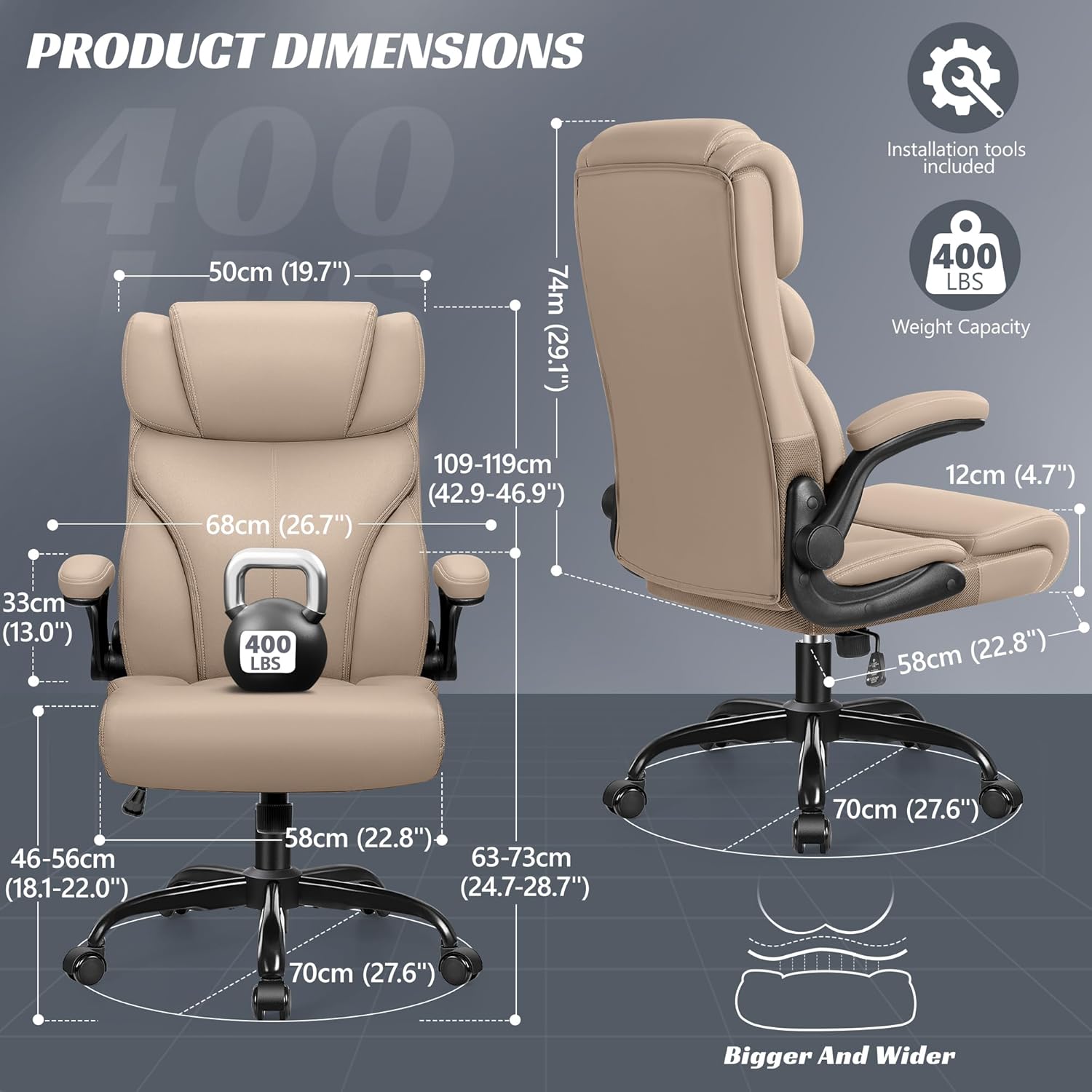 Office Chair, Ergonomic Big and Tall Computer Desk Chairs, Executive Breathable Leather Chair with Adjustable High Back Flip-up Armrests, Lumbar Support Swivel PC Chairs with Rocking Function - 2