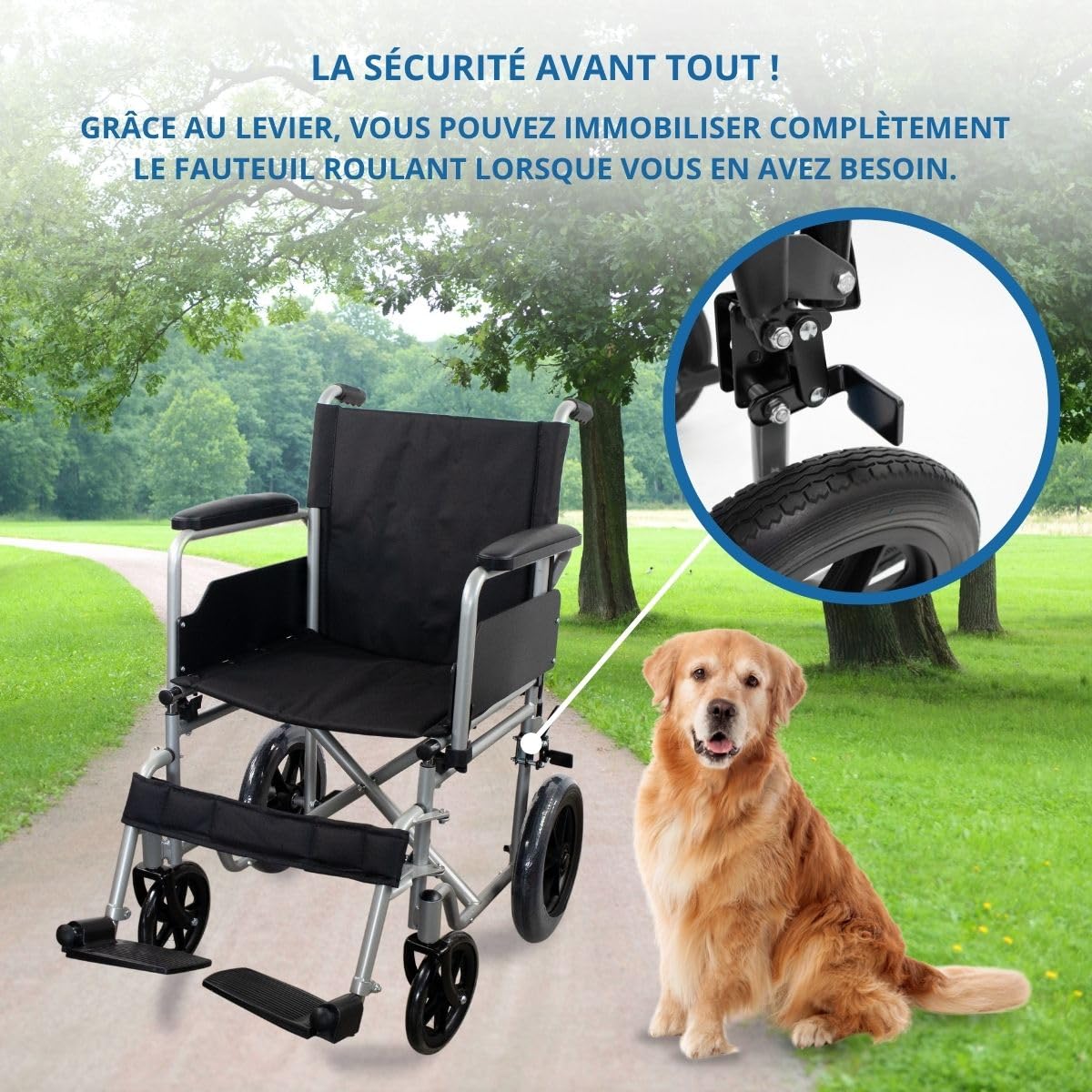 Mobiclinic®, Fauteuil roulant pliable, Marsella, Roulettes à dégagement rapide avec bouton, Robuste, Siège 46cm, Repose-pieds pliants, Accoudoirs pliables, Poignée de frein, Roues 12", Argent