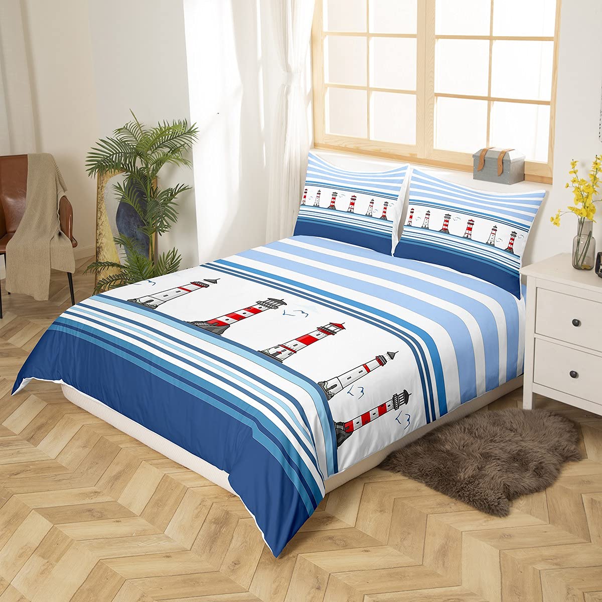 Blaue und weiße Meeresbrise Bettwäsche 155x220cm Küsten Leuchtturm Bettwäsche mit 1 Kissenbezug 80x80cm Super weich Leichte Mikrofaser Bettbezug für Mädchen Jungen Teens Jugendliche Kinder