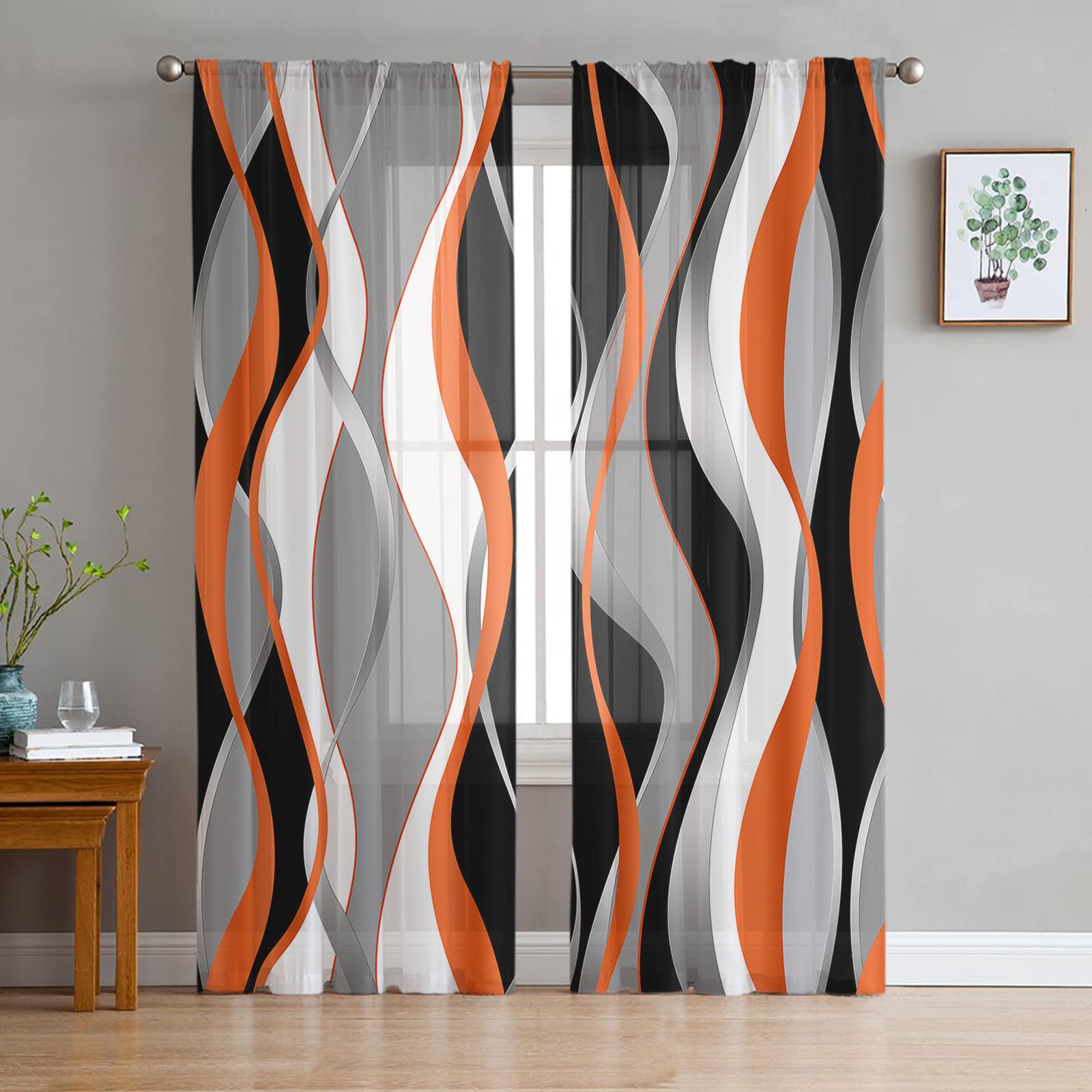 Orange Black Grey Sheer Curtains 84 Inch Length 2 Panels Set for Living Room/Bedroom, Modern White Moire Geometric Abstract Art Curtain Sheers Drapes