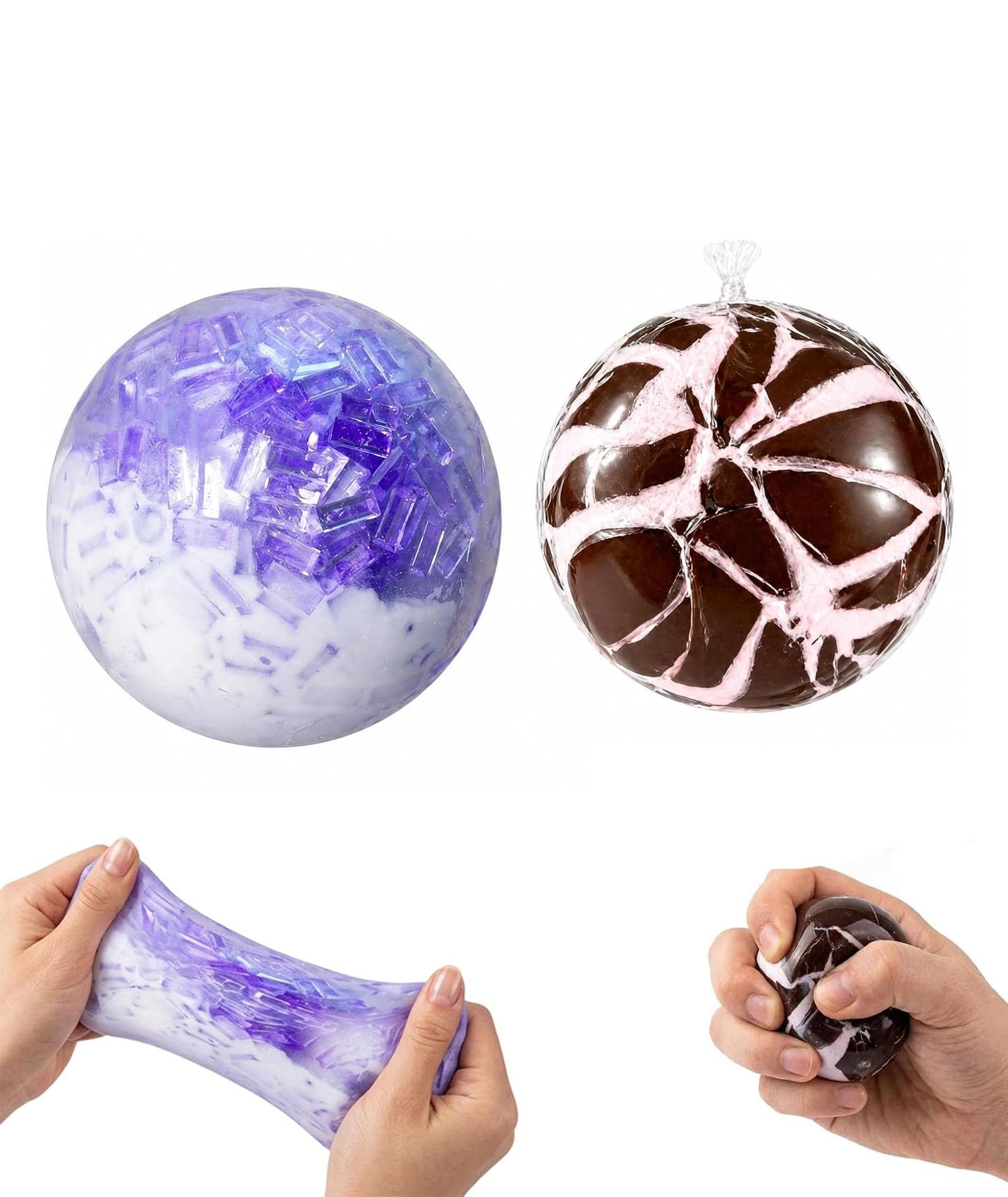 2PCS Wax Cracking Squishy Crunchy Desk Ornaments, Two Chocolate Strawberry and Purple Ice Ball Decorations, For Workspace Enhancement and Personal Enjoyment ﻿