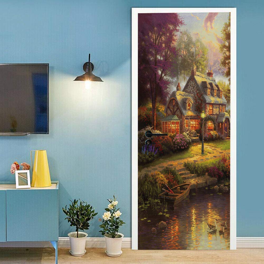 Sticker de porte trompe l'oeil cabane de forêt papier peint amovible 90x200cm