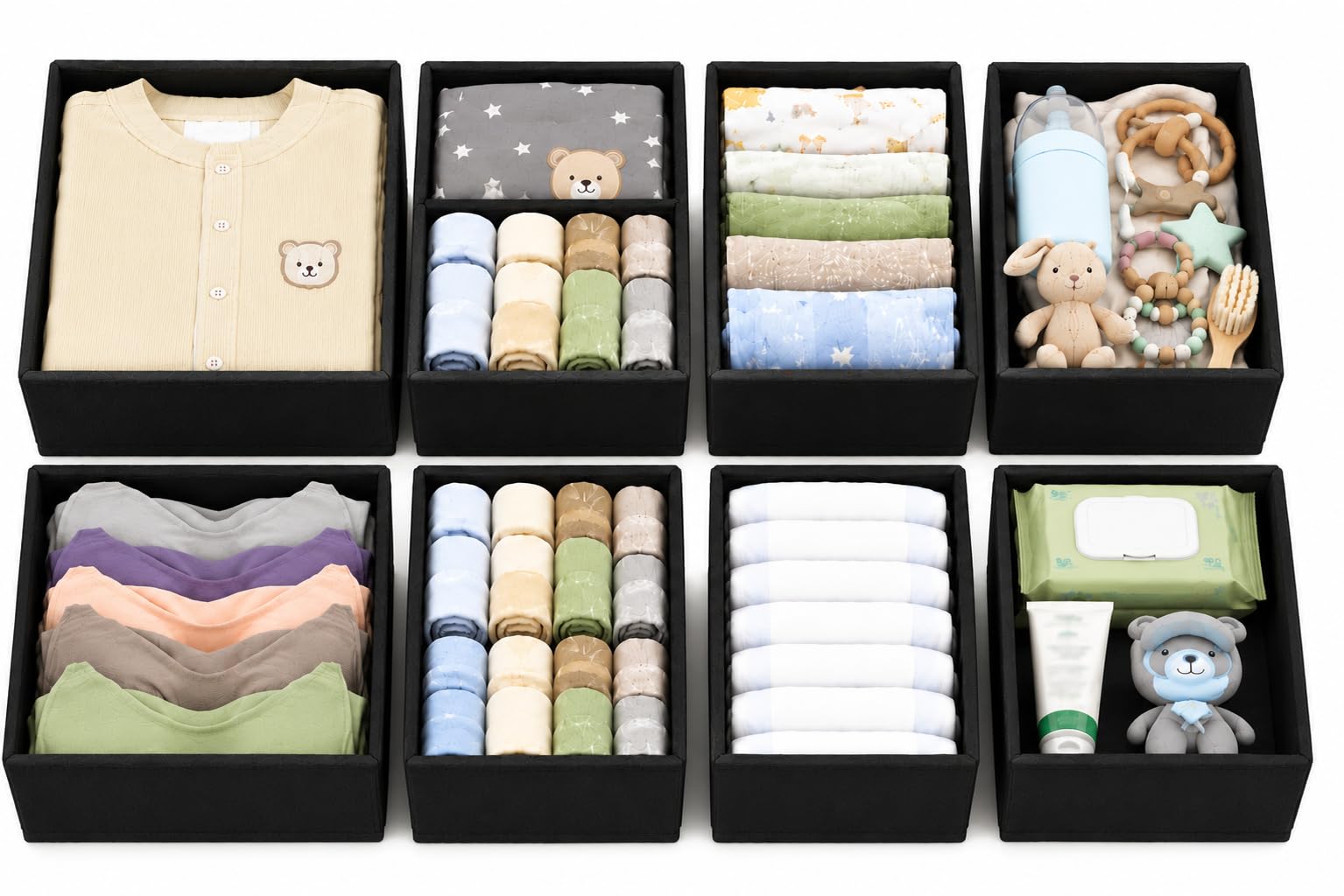 SabMak Underwear Drawer Organiser Divider – Bedroom Storage Boxes for Bras, Underwear, Socks, Ties, Baby Cloths, Wardrobe Clothes Organiser (set of 8)