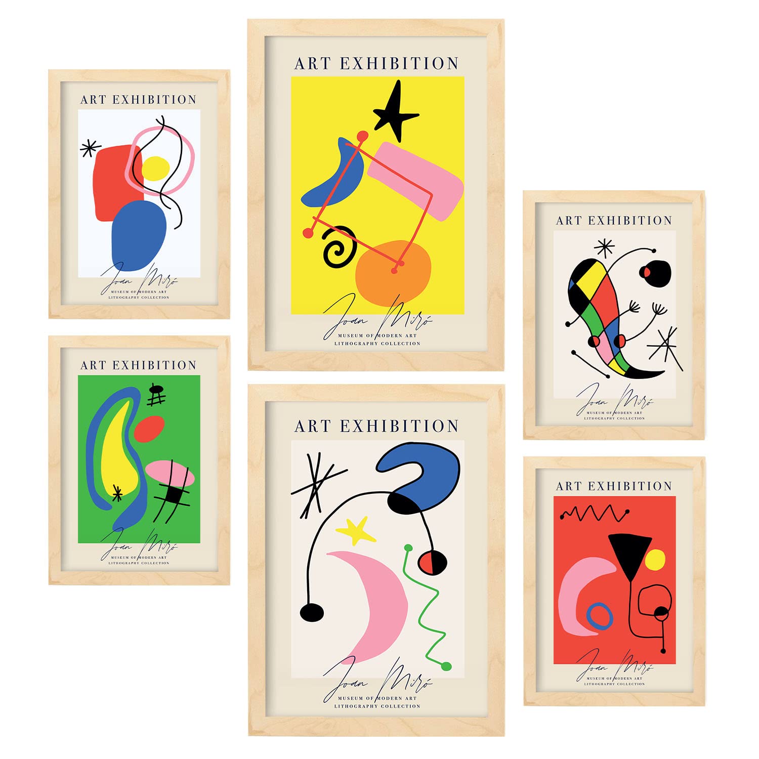 Nacnic Set of 6 Miró Art posters. Collection of posters in collage aesthetic for interior decoration. Sizes A3 and A4. Wooden frame.