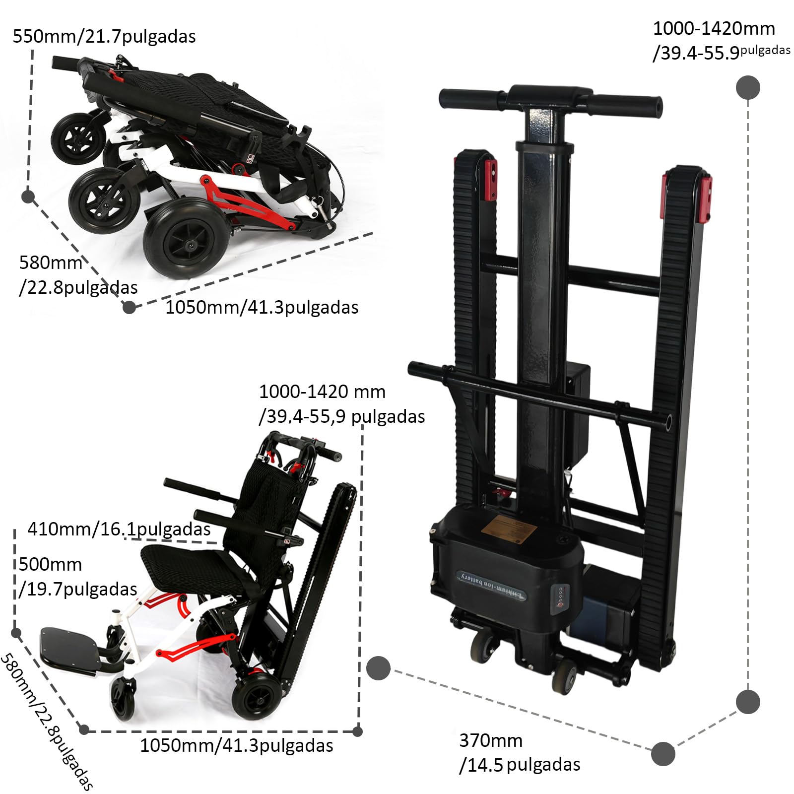 Silla de Ruedas para Subir Escaleras,Silla de Ruedas Eléctrica Plegable Ligera,Adecuada para Personas Mayores con Discapacidad, con Una Carga de 330 Libras,Ayudas Móviles y de Vida Diaria Negro y Rojo