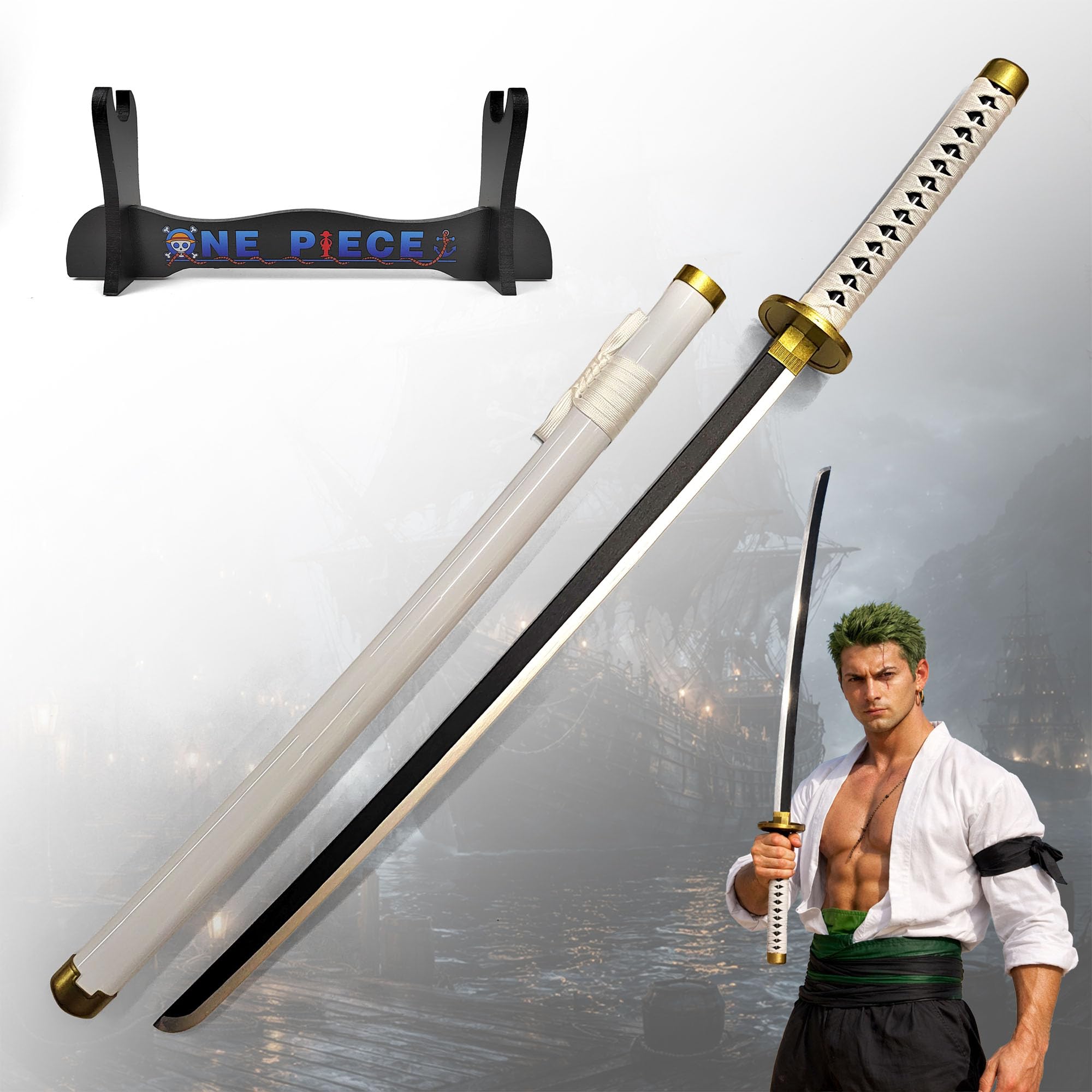One Piece - Katana aus Holz mit Scheide, Samurai Schwerter, Holzschwert, Zoro Schwert, Bambusklinge, One Piece Katana, Animefans, Anime, Cosplays, Spielzeug für Kinder (Wado-Ichi-Monji mit Ständer)