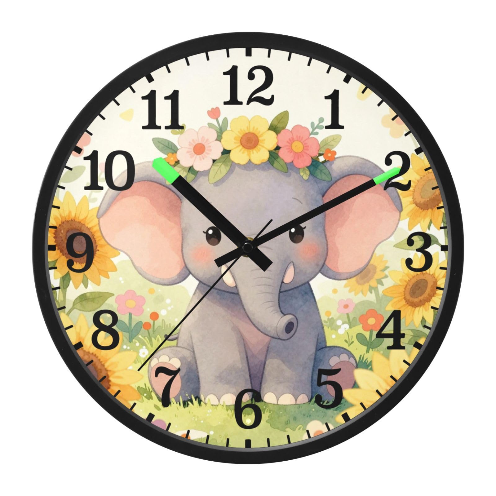 Mur analogique mignon bébé éléphants tournesol jaune son sensible lueur