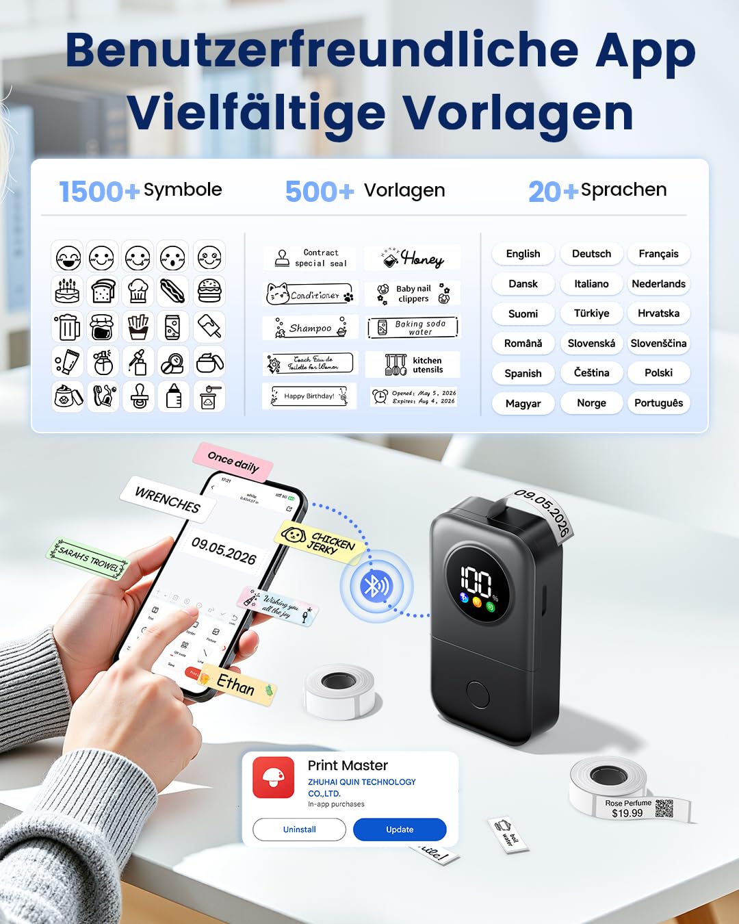 Phomemo Etikettendrucker mit 5 Etiketten, 2026 Upgraded D30D LED Smart Screen Bluetooth Etikettiergerät, Tragbarer Beschriftungsgerät selbstklebend Label Printer, Büro, Schule & Organisation – Schwarz