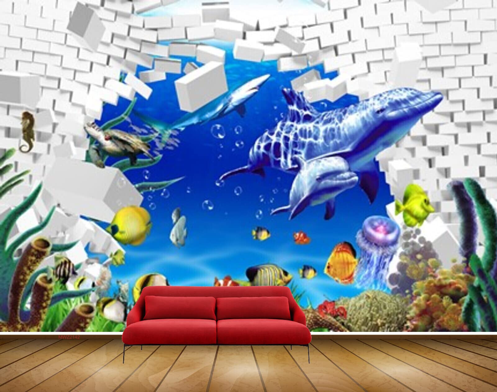 Mystic Walls MWZ2142 Sea Walls Fishes Whales Starfishes Anemones Shark Jellyfish Turtle Dolphines Underwater Ocea HD 3D Wallpaper for Bedroom, Hall[20 ft x 19 ft] / [610 cm x 579 cm]