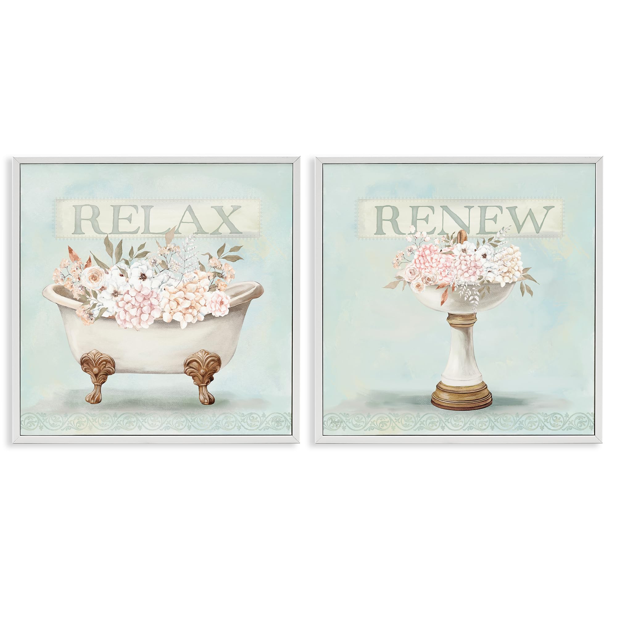 Stupell Industries Relax Renew Serenity Floral Bath 'Antique Florals Relax Renew'| 2Pc Framed Giclee Art Set 2