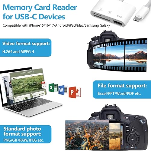 Vista 4 de Lector de tarjetas SD USB-C, lector de tarjetas de memoria de alta velocidad compatible con tarjetas SD/TF de 2 TB con USB 3.0, adaptador de tarjeta