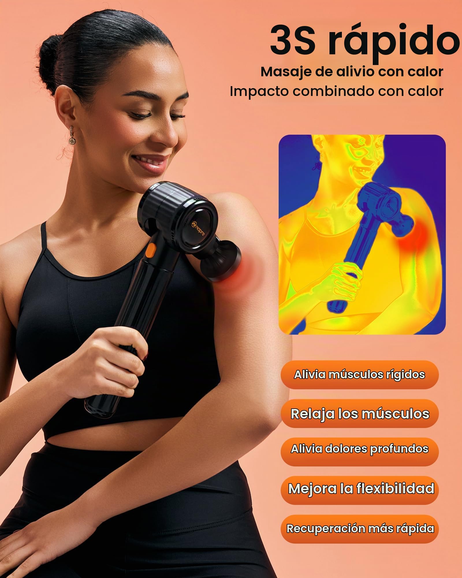 Pistola de Masaje Muscular con Calor y Luz Roja Terapia,Napre Pistola Masaje Muscular con Mango Largo y 3 ángulos Ajustables,Massage Gun Pistola Masajeadora,Masajeador Muscular Cervical Espalda,Negro