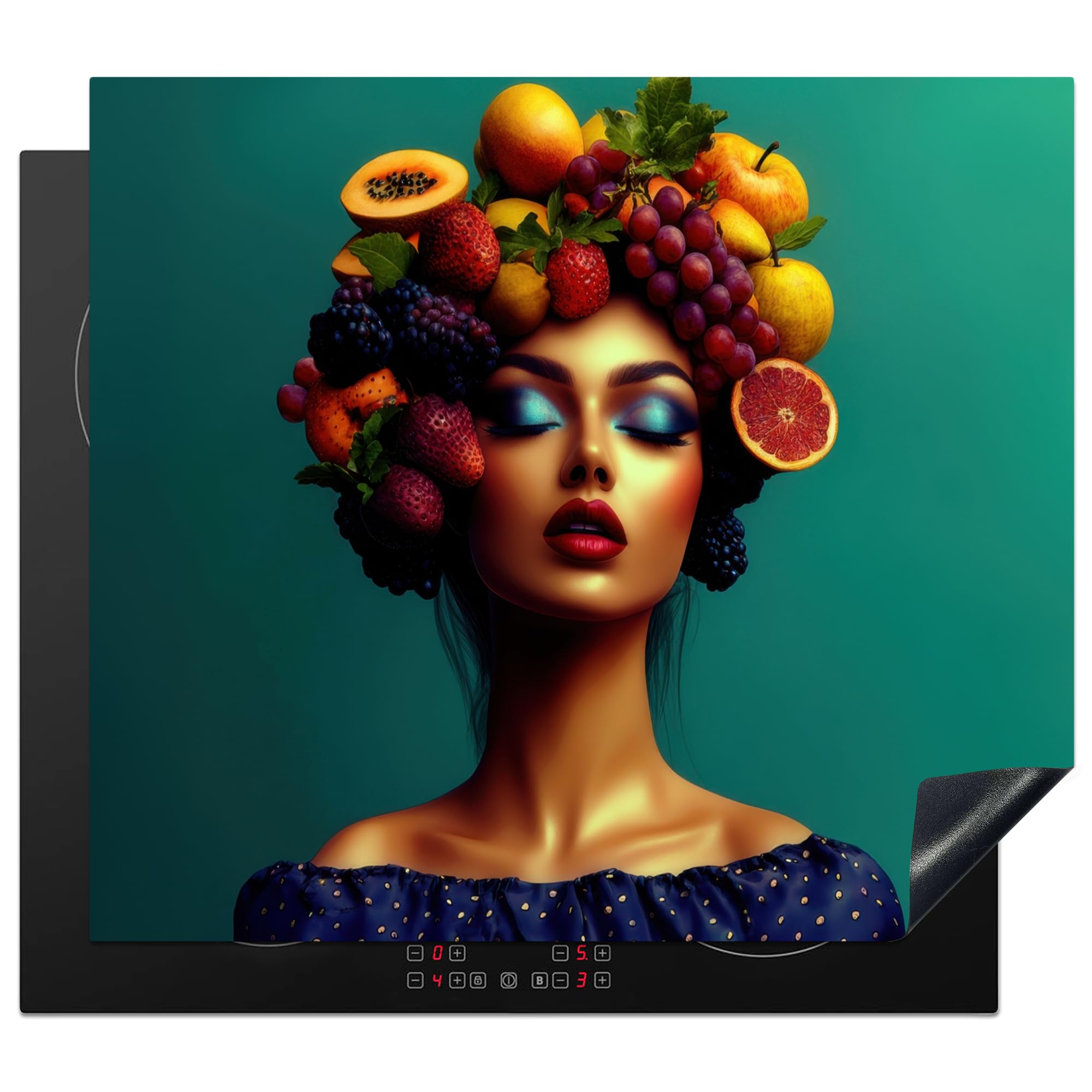 KitchenYeah© Protection Plaque Induction Protege Deco Cuisine Cache Protège | 60x52 cm - De Cuisson Accessoires Femme - Coiffe - Tropical - Fruits - Raisins