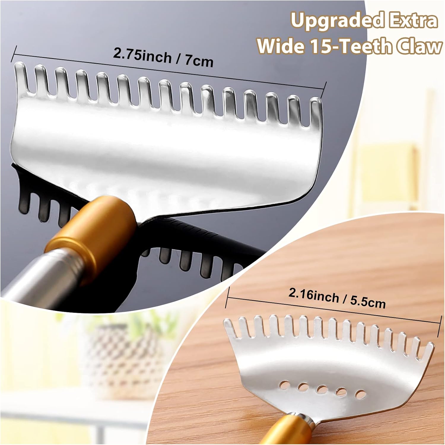 Telescoping Steel Back Scratcher with Wide Claw & Massage Roller | Body Scratcher for Adults, Large Head & Anti-slip Long Handle, Portable Metal Head Scratcher Massager Tool