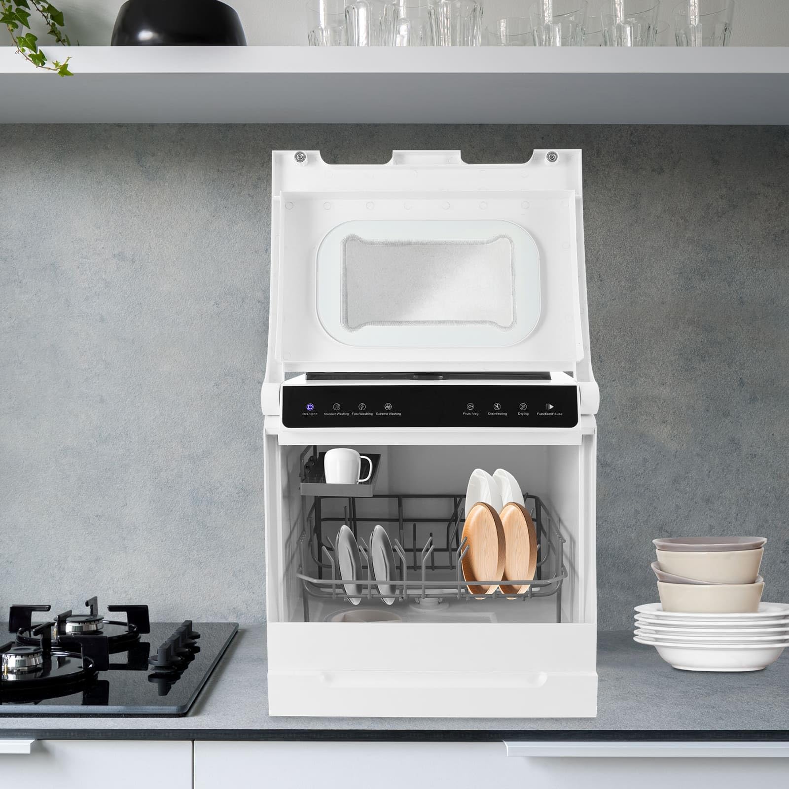 Mini Lavastoviglie da Tavolo, 5 programmi (Standard/Veloce/Intensivo/Frutta/Disinfezione), 4-6 Persone, Design Compatto 46x41x46cm, Per Piccole Case, Appartamenti