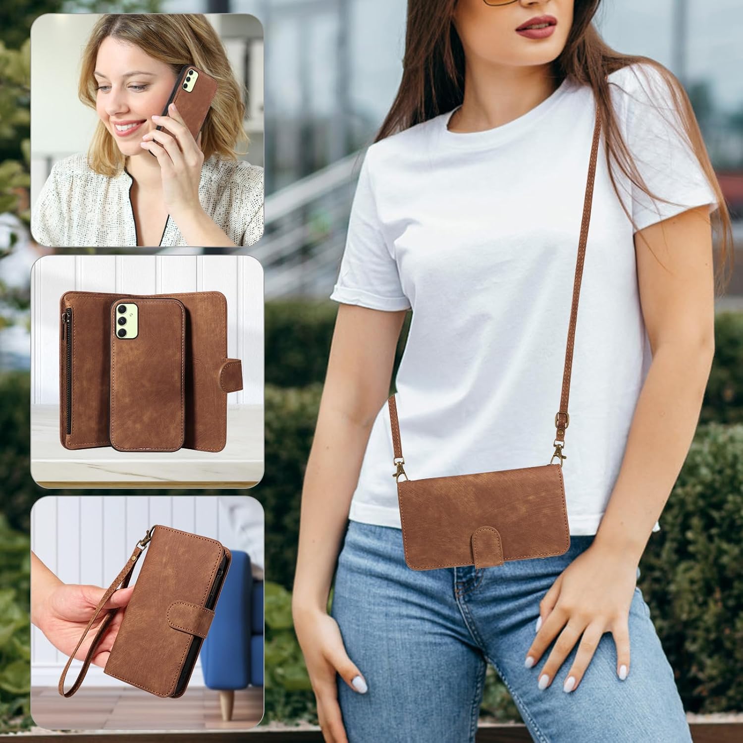 Asuwish Phone Case for Samsung Galaxy A54 5G Zipper Wallet Detachable Magnetic Cover with Tempered Glass Screen Protector Crossbody Lanyard Card Holder A545G A 54 54A 4G G5 SM A546U Women Girls Brown