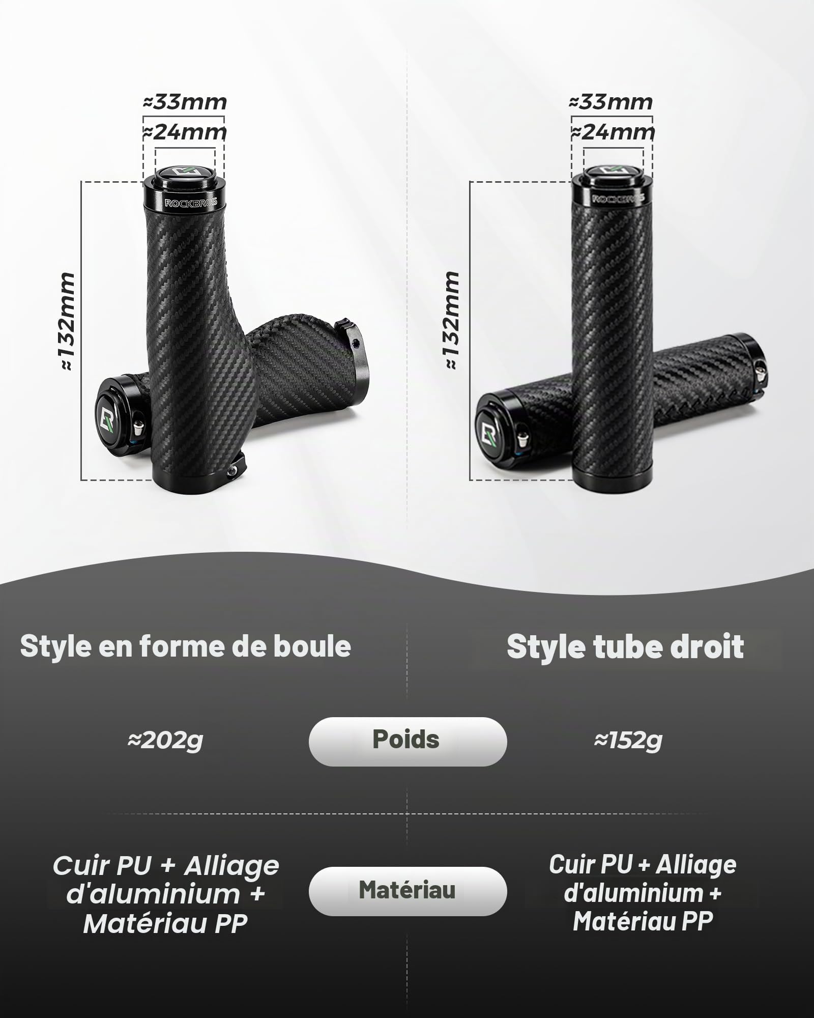 ROCKBROS Poignées de Vélo Ergonomiques, Poignées de Guidon en Cuir PU Antidérapantes, Poignées de Vélo avec Verrouillage en Aluminium, Poignées de Guidon de Vélo 22.2mm pour MTB, Gravel, EBike