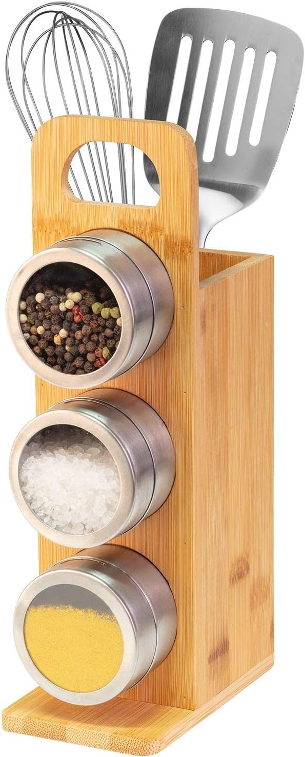 Westmark 69872260 Magnetic Spice/Utensil Holder, 3 Stainless Steel Jars with Handle, Height 27.5 cm, Bamboo/Stainless Steel, Tapas + Friends, Light Brown/Silver