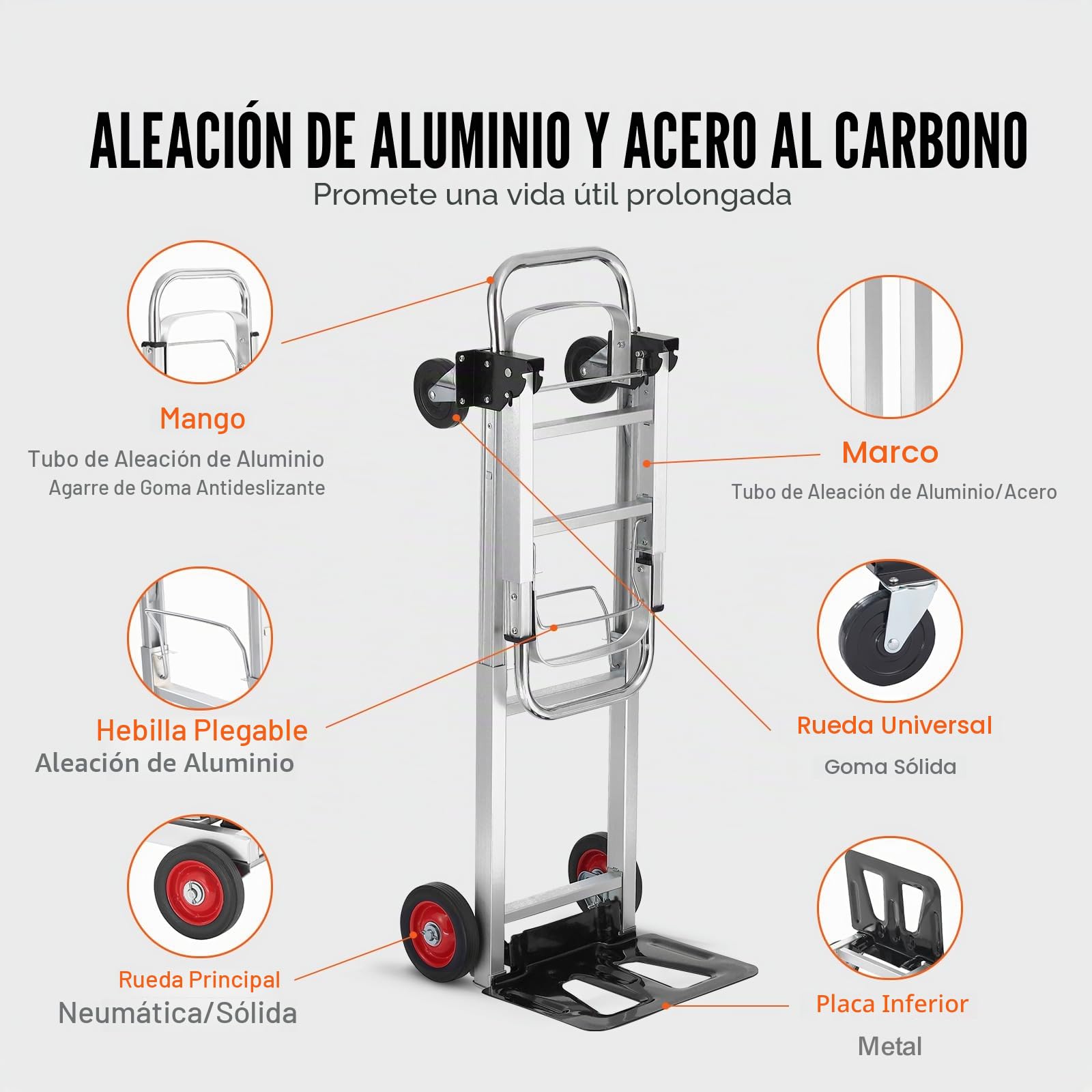 VEVOR Carretilla de Mano Plegable de Aluminio Carro de Mano 2 en 1 Carretilla de Transporte Plegable con Plataforma Carga de 181 kg Ruedas de Goma para Transporte de Mercancías de Almacén Supermercado