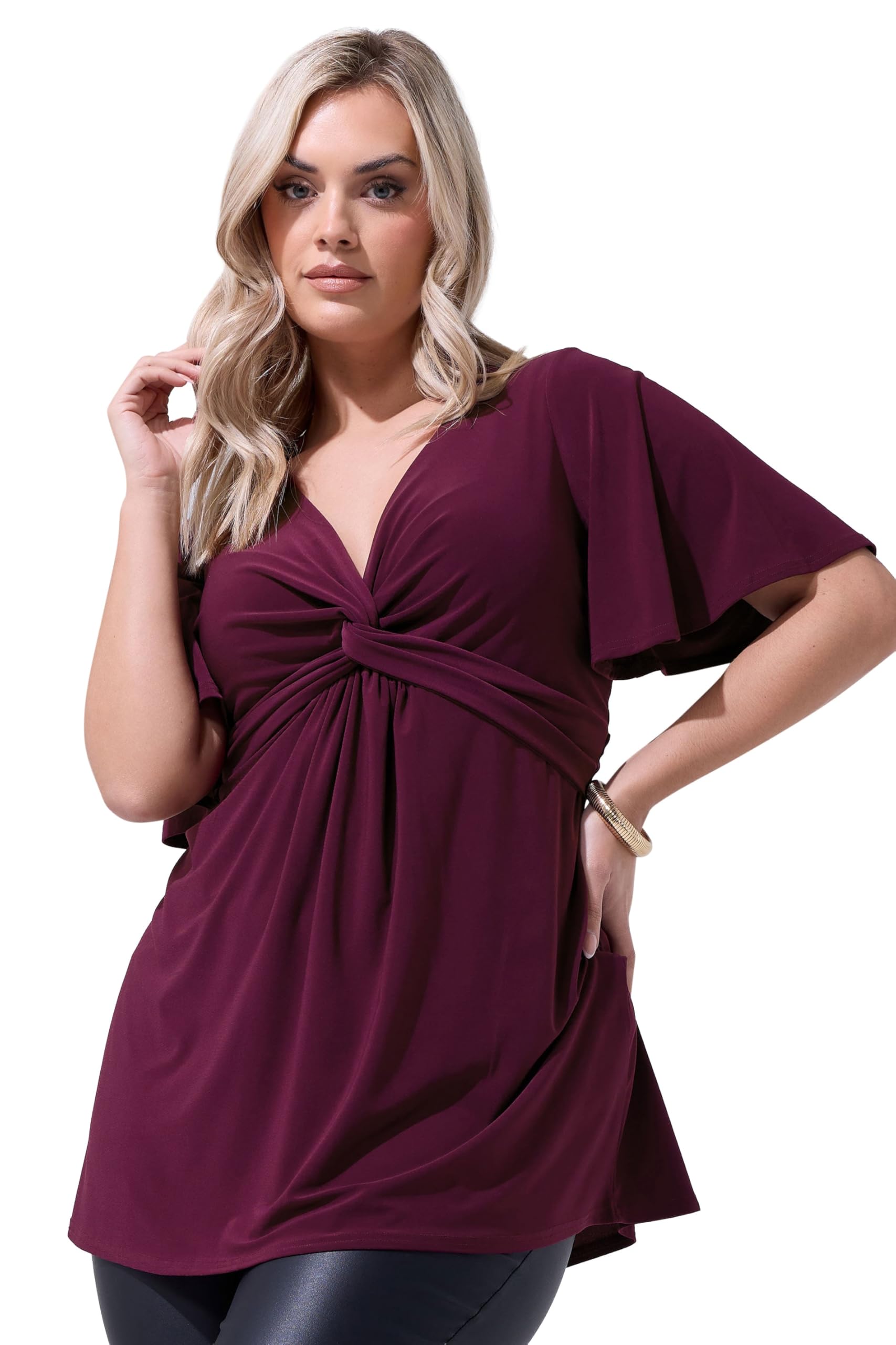 Yours Women's Burgundy London Curve Purple Knot Detail Front Top - Plus Size Curve