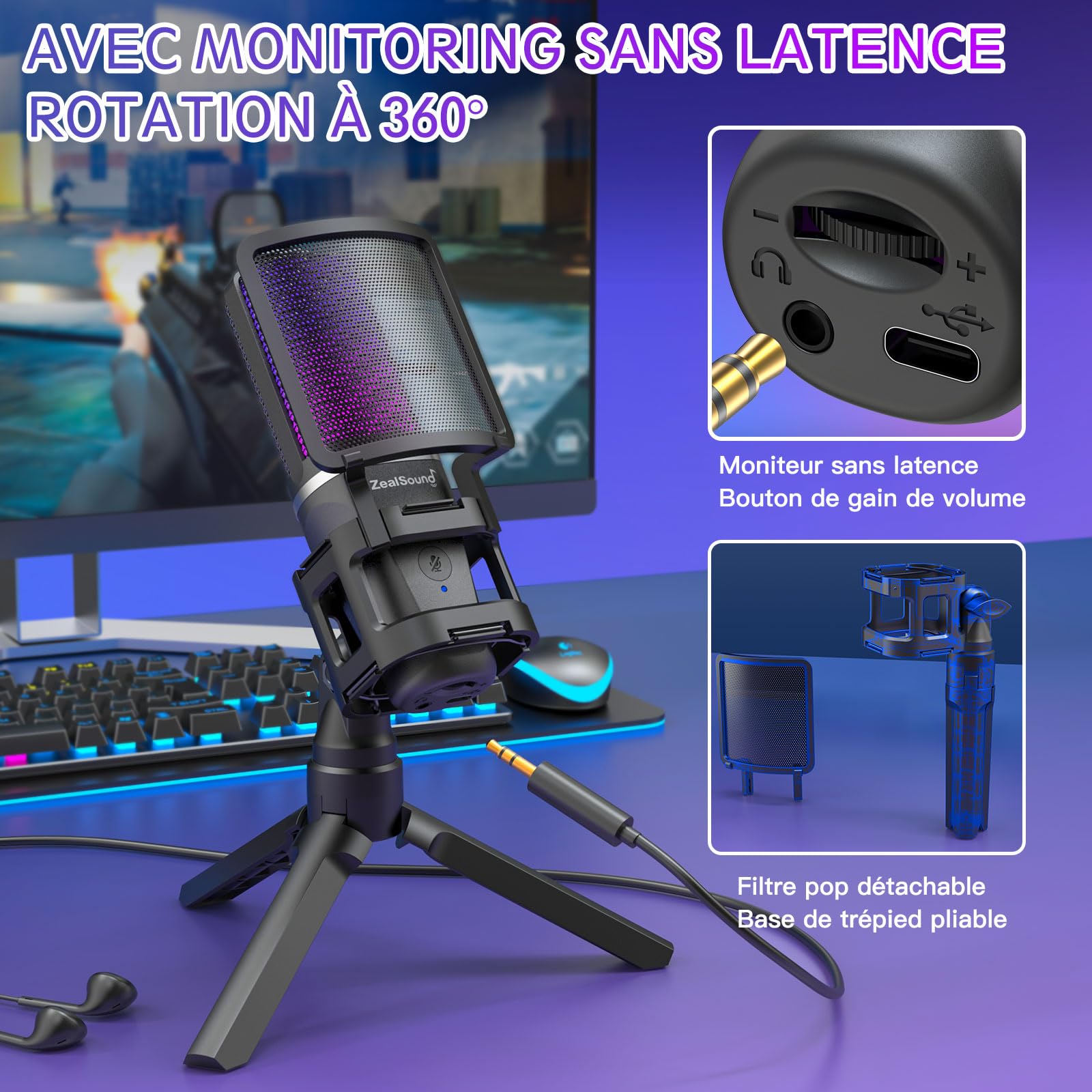 zealsound Micro Gaming, Microphone USB pour PC, Portable, Bureau, et Téléphonem, PS4, PS5, Mac, pour Streaming Podcast,avec Adaptateur de Type C, Contrôle RGB, Sourdine,Support Anti-Choc