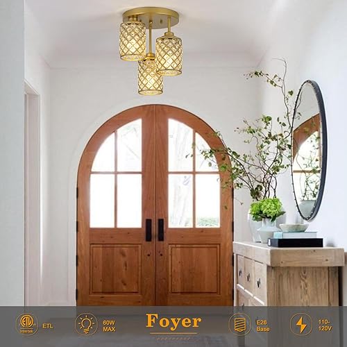 Miniatura 3 de Lámpara de techo de cristal K9 de lujo semiempotrada con 3 pantallas de metal dorado, mini iluminación cercana al techo para entrada, dormitorio,