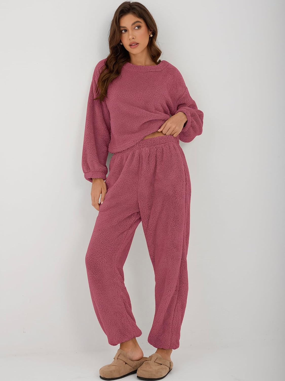 ZAFUL Women's Fuzzy Lounge Casual Pajamas Sets Long Sleeve Fleece Pullover and Pants Set 2 Piece Fluffy Loungewear Sleepwear - Image 2