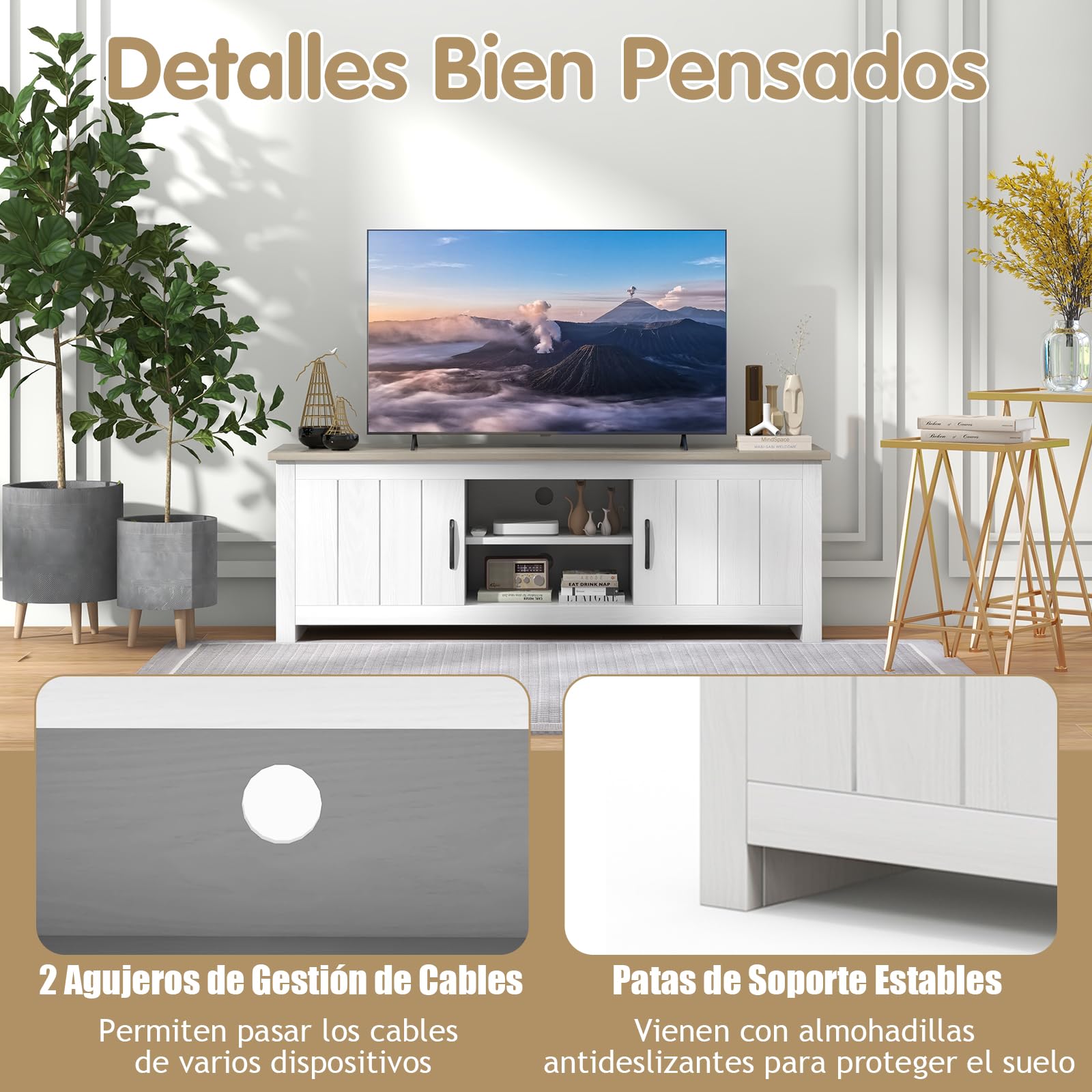GYMAX Mueble TV de hasta 65 Pulgadas, Mesa Television de Madera con 2 Armarios y Estantes Abiertos, Mueble Bajo TV con Puertas para Salón y Dormitorio, 145 x 40 x 50 cm(Blanco+Marrón)