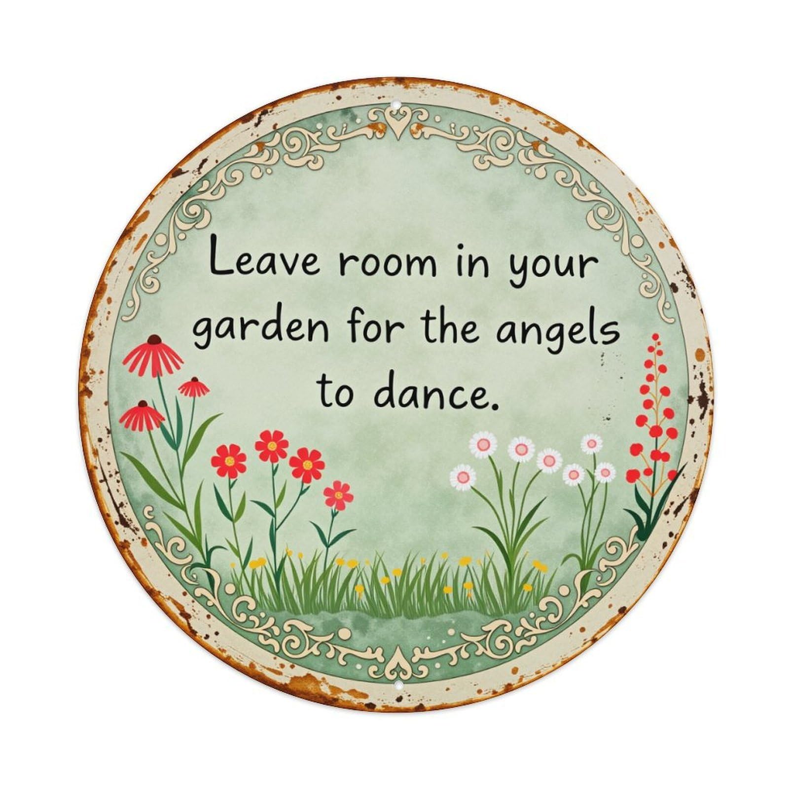Floral Garden Angels Dance Pattern Round Tin Sign Vintage Style Metal Sign Home Bar Garden Wall Plaque Decor Metal Poster 8x8 Inch