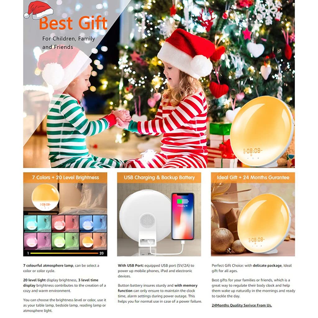 Sveglia con Simulazione Alba/Tramonto, con la Funzione Snooze, Touch Control Wake Up Light, Lampada da Comodino Dimmerabile, 4 Allarmi, 7 Suoni, 20 Luminosità