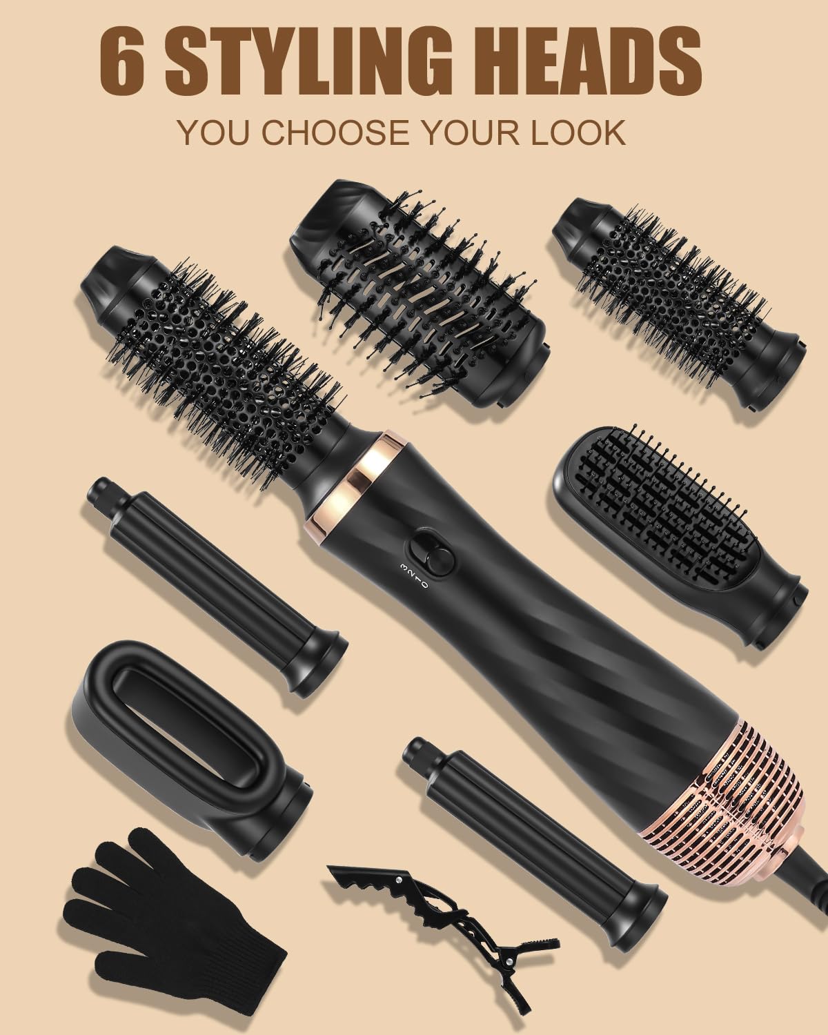 Cepillo Secador De Pelo 6 en 1, Cepillo de Aire Caliente,Cepillo Alisador Pelo,Secador de Pelo,Rizador Automático,Hermal Brush,Moldeador Pelo Voluminizador, 3 Temperaturas, Para Seca, Alisa, Volumen
