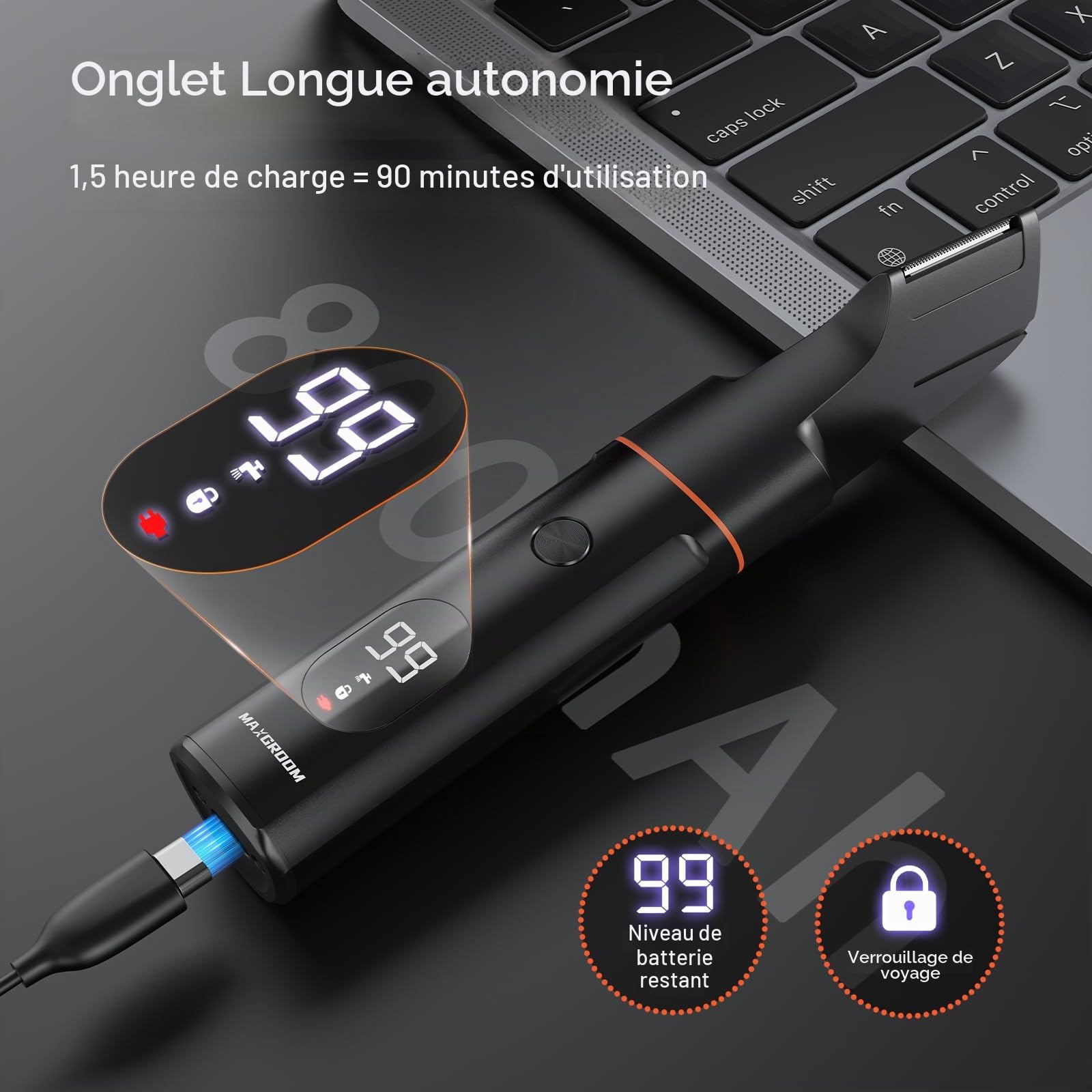 MAXGROOM Tondeuse Intime Homme, 4 en 1 Rasoir Intime Homme avec Affichage LED - Autonomie De 90 Min - Multi-Usage Pour Aine, Corps, Barbe et Poils Intimes - Rechargeable - USB-C - 100% Étanche(IPX6)