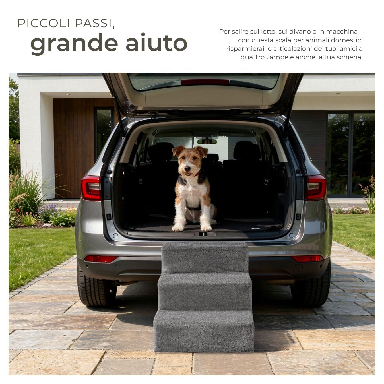 tectake® Scala per Animali Domestici, Altezza 34,5 cm, 3 Gradini, Stabile e Leggera, Rivestimento in Peluche Antiscivolo, Rampa Adatta a Cani e Gatti di Tutte le Taglie, Materiali Robusti - Grigio