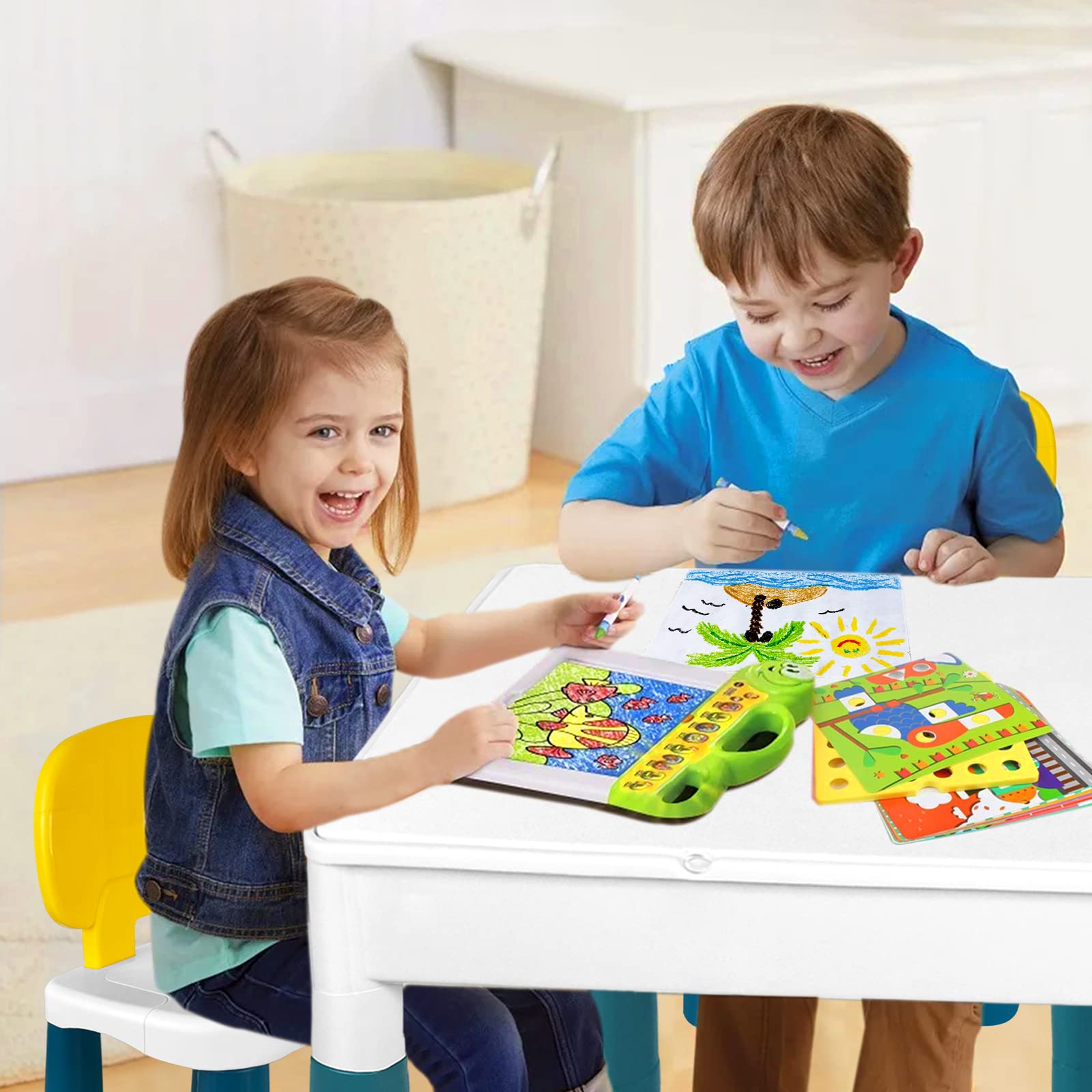 ACXIN 6 in 1 - Set di sedie per bambini, tavolo da lavoro per bambini, con 2 sedie e 163 mattoncini, multifunzione, per cameretta dei bambini e asilo (con blocchi)