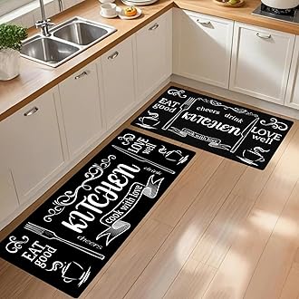 Kitchen Mats for Floor, Non Slip Washable Kitchen Rugs Sets of 2, Black Farmhouse Cushioned Stain Resistant Kitchen Runner Rug for Kitchen Floor, Laundry Room, Bathroom, Entryway Carpet Decor