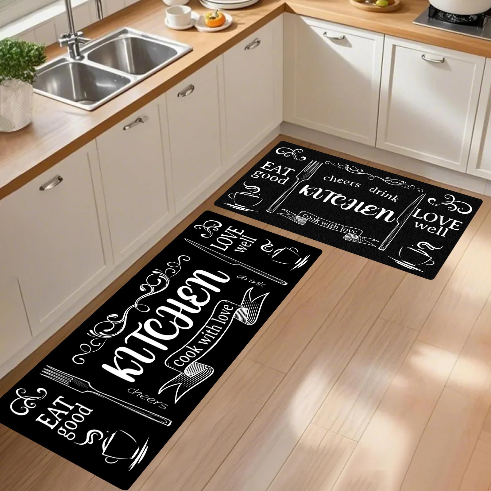 Kitchen Mats for Floor, Non Slip Washable Kitchen Rugs Sets of 2, Black Farmhouse Cushioned Stain Resistant Kitchen Runner Rug for Kitchen Floor, Laundry Room, Bathroom, Entryway Carpet Decor