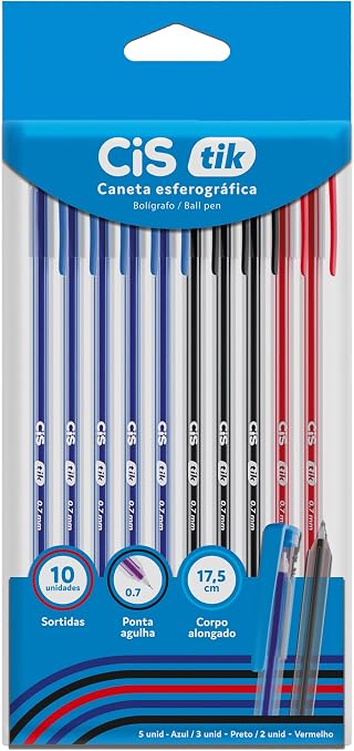 CIS TIK Caneta Esferografica - 0.7 mm - Blister com 10 cores - 5 Azuis, 3 Pretos, 2 Vermelhos