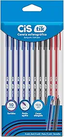 CIS TIK Caneta Esferografica - 0.7 mm - Blister com 10 cores - 5 Azuis, 3 Pretos, 2 Vermelhos